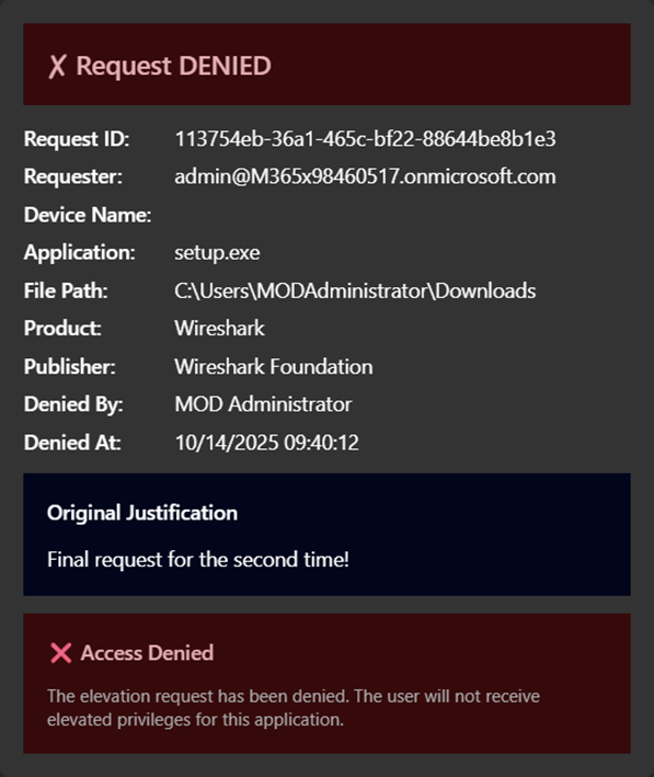 EPM automation Adaptive Cards displaying a denied elevation request with reviewer details