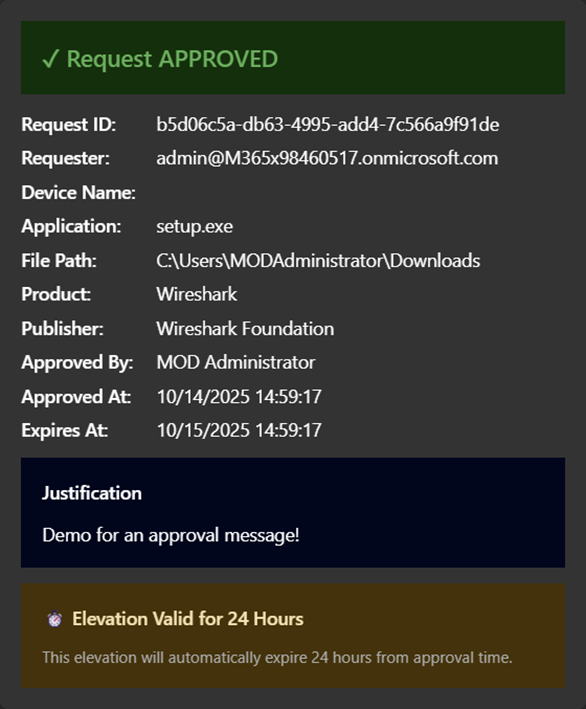 EPM automation Adaptive Cards showing an approved elevation request in Microsoft Teams.